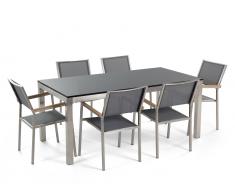 Gartenmöbel Set Naturstein schwarz poliert 180 x 90 cm 6-Sitzer Stühle Textilbespannung grau GROSSETO