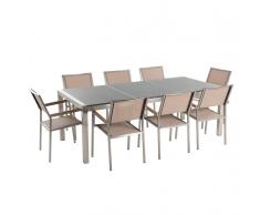 Gartenmöbel Set Granit grau poliert 220 x 100 cm 8-Sitzer Stühle Textilbespannung beige GROSSETO