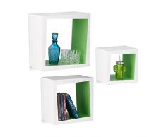 Relaxdays Wandregal 3er Set quadratisch 25cm Tiefe Bücher CDs DVDs Wohnzimmer Kinderzimmer Deko, weiÃ-grün