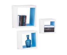 Relaxdays Wandregal 3er Set quadratisch 25cm Tiefe Bücher CDs DVDs Wohnzimmer Kinderzimmer Deko,weiÃ-blau