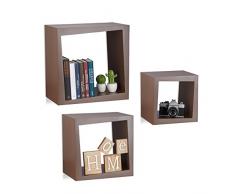 Relaxdays Wandregal 3er Set quadratisch 25cm Tiefe Bücher CDs DVDs Wohnzimmer Kinderzimmer Deko, braun