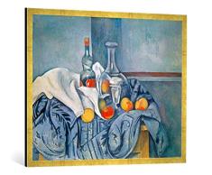 Gerahmtes Bild von Paul Cézanne Stilleben mit Pfirsichen und Flaschen, Kunstdruck im hochwertigen handgefertigten Bilder-Rahmen, 100x70 cm, Gold Raya