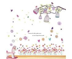 Walplus Wand Sticker Riesig Vogelkäfig Rosa Blume Abnehmbare Selbstklebend Wandkunst Aufkleber Vinyl Heim Dekoration DIY Wohnzimmer Schlafzimmer Büro Dekor Tapete Kinderzimmer Geschenk, Mehrfarbig