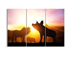 welmeco Tiere Leinwand Art Wand Silhouette der Lovely Pigs Familie spielen in Fancy Sonnenuntergang Bild Giclee gerahmt und gespannt Wand Deko für Wohnzimmer Kinderzimmer Kinder Schlafzimmer 16x32x3 Pieces gelb