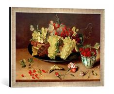 Gerahmtes Bild von Isaak Soreau Stilleben mit Weintrauben und Porzellanschale, Kunstdruck im hochwertigen handgefertigten Bilder-Rahmen, 60x40 cm, Silber Raya