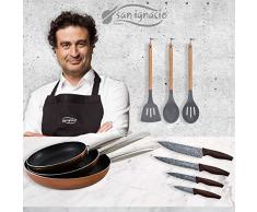 San Ignacio PK1792 Pfannen 20/24/28 cm, gepresstes Aluminium, Induktion, 4 Küchenmesser, Edelstahl, mit 3 Werkzeugen aus Nylon, Holzgriff