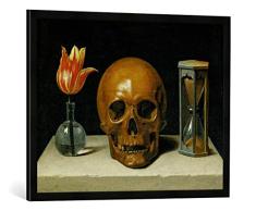 Gerahmtes Bild von Philippe de Champaigne Vanitas, Allegorie der Vergänglichkeit mit Totenkopf und Stundenglas, Kunstdruck im hochwertigen handgefertigten Bilder-Rahmen, 80x60 cm, Schwarz matt