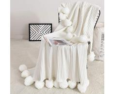 Fomoom Pompon-Überwurf, Decke, gestrickt, mit Pompon-Fransen, weiche Plüsch-Häkeldecke, dekorative Baumwoll-Pom-Decke für Couch und Sofa. 39x59 Baumwoll-Weiß