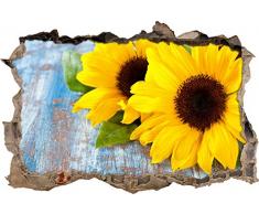 Pixxprint 3D_WD_S2091_62x42 schöne Sonnenblumen auf Holztisch Wanddurchbruch 3D Wandtattoo, Vinyl, bunt, 62 x 42 x 0,02 cm