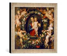 Gerahmtes Bild von Peter Paul Rubens Die Madonna im Blumenkranz - Der Blumenkranz von Jan Brueghel d.Ä. 1568-1625, Kunstdruck im hochwertigen handgefertigten Bilder-Rahmen, 30x30 cm, Silber Raya