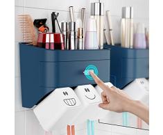 GANCHUN Zahnbürstenhalter, Wandmontage, ohne Bohren mit Bechern, verdeckt, doppeltes Aufbewahrungsdesign, staubdicht und wasserdicht, für die Aufbewahrung von Zahnbürsten Three Cups blau