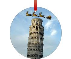 Rosie Parker Inc. Weihnachtsmann und Schlitten reiten über den Schiefen Turm von Pisa im Tageslicht, doppelseitig, rund, flach, Aluminium, Weihnachtsbaum-Ornament mit rotem Satinband