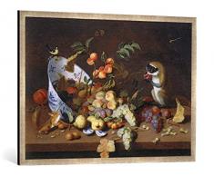 Gerahmtes Bild von Hans Van Essen Stilleben mit Früchten und Tieren, Kunstdruck im hochwertigen handgefertigten Bilder-Rahmen, 100x70 cm, Silber Raya