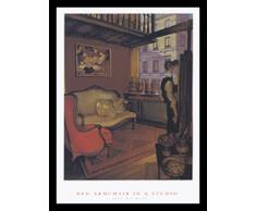 Buyartforless Juarez Machado Kunstdruck, gerahmt, mit rotem Sessel, 61 x 32 cm, abstrakte Figurative Gemälde, Mann geheimnisvoll mit Frau in Studio-Wohnung, Braun