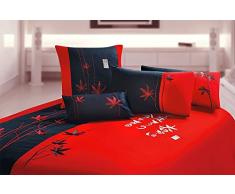 Orient Sense Bettwäsche-Set für King-Size-Betten, Bestickt, orientalisches Ahornblatt-Design, 100 % Baumwollsatin, 3-teilig, Rot und Schwarz