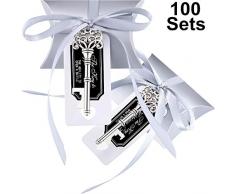 Jovitec 100 Sets Vintage Schlüssel-Flaschenöffner Hochzeit Gastgeschenk Souvenir Geschenkset Kissenform Süßigkeiten Geschenk-Box Escort Dankeschön Geschenkanhänger Französisches Band Silber