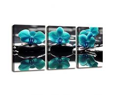 youshion Art Modern Flowers Painting Blue Orchidee Zen Steine Wand Decor auf Leinwand Prints, 3 Stück gedehnt und gerahmt Leinwand Kunst für Wohnzimmer Badezimmer Schlafzimmer Home Office Dekorationen