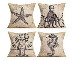 Sharj Kissenbezug mit Hafen- und Leuchtturm-Motiv, schöne Landschaft für Zuhause, Sofa, Couch Dekokissenbezug, Baumwollleinen, Standard 45,7 x 45,7 cm, 4 Stück 18 x 18 Ocean Series