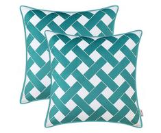 BRAWARM 2 x gemütliche Samt-Kissenbezüge für Sofa, Couch Bett, gewebte Seile Design, superweicher Fleece-Kissenbezug mit Paspelierung, beidseitig dekorativ Traditionell 18 X18 Inches - 2 Pcs blaugrün