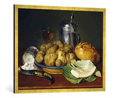 Gerahmtes Bild von Monogrammist L.S Stilleben mit Pellkartoffeln, Kunstdruck im hochwertigen handgefertigten Bilder-Rahmen, 100x70 cm, Gold Raya