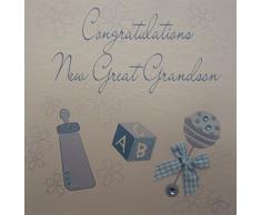 WHITE COTTON CARDS Glückwunschkarte zur neuen Great Grandson, handgemacht, mit Blauer Rassel