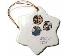 3dRose ORN 161958 _ 1 Happy 17. Birthday-modern Stilvolle Floral Luftballons. Elegante Schwarz Braun Blau 17 Bday-Snowflake Ornament, Porzellan, 3 Zoll