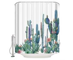 Anmevor Polyester Stoff Duschvorhang für Badezimmer Dekor Malerei Kaktus Tropisch Nordisch Minimalistisch Stil wasserdichte Vorhänge Weiß Kunststoff Haken 72x72 Watercolor Cactusanr0078