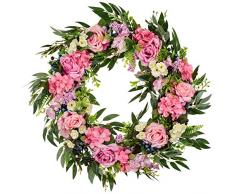 WooooW Ltd Rosenkranz für Vordertür, Kunstblume, Hortensien, Blaubeerenblätter, Zweige, Türkranz, für Zuhause, Party, drinnen und draußen, für Fenster, Wand, Hochzeit, Dekoration