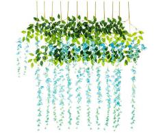 Miss Bloom Künstliche Wisteria Weinrebe, 1 m, Frühlingsblumen, Dekoration, Seidenpflanzen, Girlanden für zuhause Küche, Wand, Kunstpflanze, Rattan, für draußen, Hochzeit, Party, Dekoration, 12 Stück blau