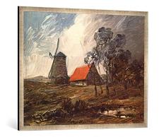 Gerahmtes Bild von Wilhelm Busch Herbstlandschaft mit Windmühle und rotem Haus, Kunstdruck im hochwertigen handgefertigten Bilder-Rahmen, 100x70 cm, Silber Raya