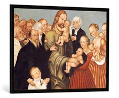 Gerahmtes Bild von Lucas Cranach der Jüngere Christus segnet die Kinder, Kunstdruck im hochwertigen handgefertigten Bilder-Rahmen, 100x70 cm, Schwarz matt