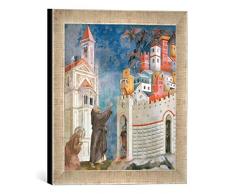 Gerahmtes Bild von Giotto di Bondone Der HL. Franziskus befreit die Stadt Arezzo von Dämonen, Kunstdruck im hochwertigen handgefertigten Bilder-Rahmen, 30x30 cm, Silber Raya