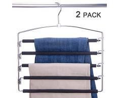 Nature Smile Kleiderbügel für Hosen, Kleiderbügel, 2 Stück, mehrlagig, aus Metall, rutschfeste Schaumstoffpolsterung, 4-stöckig, Schwingarm, Hosen, Kleiderschrank, Aufbewahrung für Hosen, Jeans, Schal