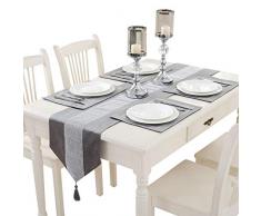 HANGNUO Tischläufer mit Pailletten-Strass und eleganter Quaste für Hochzeit Erntedankfest Weihnachten Tischdeko 4*Place Mats+13 * 83inchRunner Silbergrau