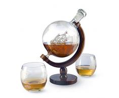 Der Wein Savant geätzt World Globe Dekanter mit Antik Schiff Rustic Wood 1000ML