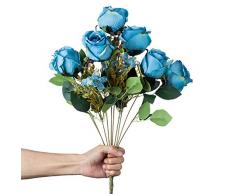 VILIVIT 53 cm H Burgunderrose, Rosenstrauß – Rote Rosenknospen – Dunkles Rouge Seidenblumenarrangement – Künstliche Blumen Bouquet mit 11 Köpfen für Zuhause, Hochzeitsdekoration blau