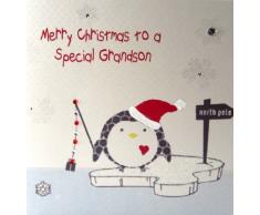 WHITE COTTON CARDS X144 Weihnachtskarte, englische Aufschrift Merry Christmas to a Special Grandson, Pinguinmotiv, handgefertigt, Weiß