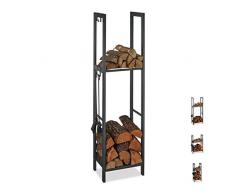 Relaxdays, anthrazit Kaminholzregal mit 2 Ablagen, aus Stahl, 4 Haken für Kaminbesteck, Brennholzregal HBT 150x40x30 cm, 150 x 40 x 30 cm