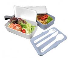 NERTHUS FIH 666 666-Lunch Doppelbox, 2 luftdicht und 3 solides Besteck, Mikrowelle und Spülmaschine, langlebig, gesund und und schön, geeignet für Erwachsene und Kinder, Blau, 18,5 x 11,1 x 10 cm