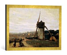 Gerahmtes Bild von Camille Corot Un Moulin à Vent. Etretat (Eine Windmühle. Etretat), Kunstdruck im hochwertigen handgefertigten Bilder-Rahmen, 60x40 cm, Gold Raya