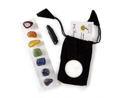 10 PC Chakra Crystal Healing Kit: Große 17,8 cm Selenit Bar, 7 Chakra natur poliert Trommelstein Zirkoniasteinen in schwarzem Samtbeutel mit Chakra-Informationen Karte, Schwarz Turmalin SPECIMEN, Votivkerze, Beverly Eichen Echtheitszertifikat
