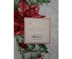 Envogue Tischdecke 152,4 x 213,4 cm Winterweihnachtsmuster Stechpalme Rot Weihnachtsstern Kiefer DREI – Grün, Rot, Kirsche, Grau, Weiß 100% Baumwolle