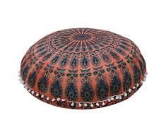 Hemsi-77 Mandala Art Bohemian Yoga Decor Boden Kissenbezug – 81,3 cm – Rund Boden Kissen Pouf Bezug – Handbedruckte Bio-Baumwolle von Colorful 32 Inches Approx Oranje Mirchi