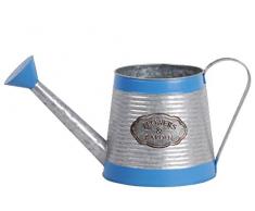 Urban Trends Zinc Round Watering Can with Open, Painted Blue Banded Rim Top, Ribbed Design Body, and Flarred Bottom Galvanized Finish Silver Gießkanne