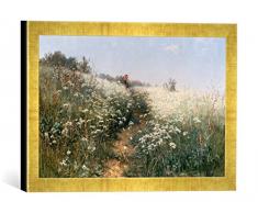Gerahmtes Bild von IWAN Iwanowitsch Schischkin Dame mit Sonnenschirm auf Einer Wiese mit Wiesenkerbel, Kunstdruck im hochwertigen handgefertigten Bilder-Rahmen, 40x30 cm, Gold Raya