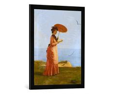 Gerahmtes Bild von Valentine Cameron Prinsep Frau mit Sonnenschirm am Strand der Insel Wight, ein Buch lesend - Emily Prinsep, Kunstdruck im hochwertigen handgefertigten Bilder-Rahmen, 70x50 cm, Schwarz matt