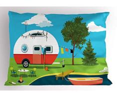 Lunarable Happy Camper Kissenbezug, Cartoon-Angeln, Reisen, Wohnwagen, Boot, Feuerschale, Campingtisch, Wäscheleine, dekorative Standard-King-Size, bedruckte Kissenhülle, mehrfarbig 30 W By 20 L Multi 1