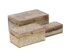 Deco 79 20,3 cm 25,4 cm und 30,5 cm Natur rechteckig geschnitzt Muster, Holz Boxen mit Deckel (Set von 3), braun/weiß