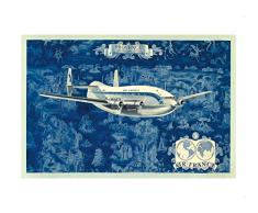 Pacifica Island Art Provence Breguet Deux-ponts (Doppeldecker) 763 Airliner – Frankreich – Vintage Airline Travel Poster von Lucien Boucher c.1950s – Kunstdruck 11 x 14