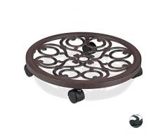 Relaxdays Pflanzenroller rund, Metall, Gefäßroller für innen & außen, antik, Ø 38 cm, Rolluntersetzer Blumentopf, braun